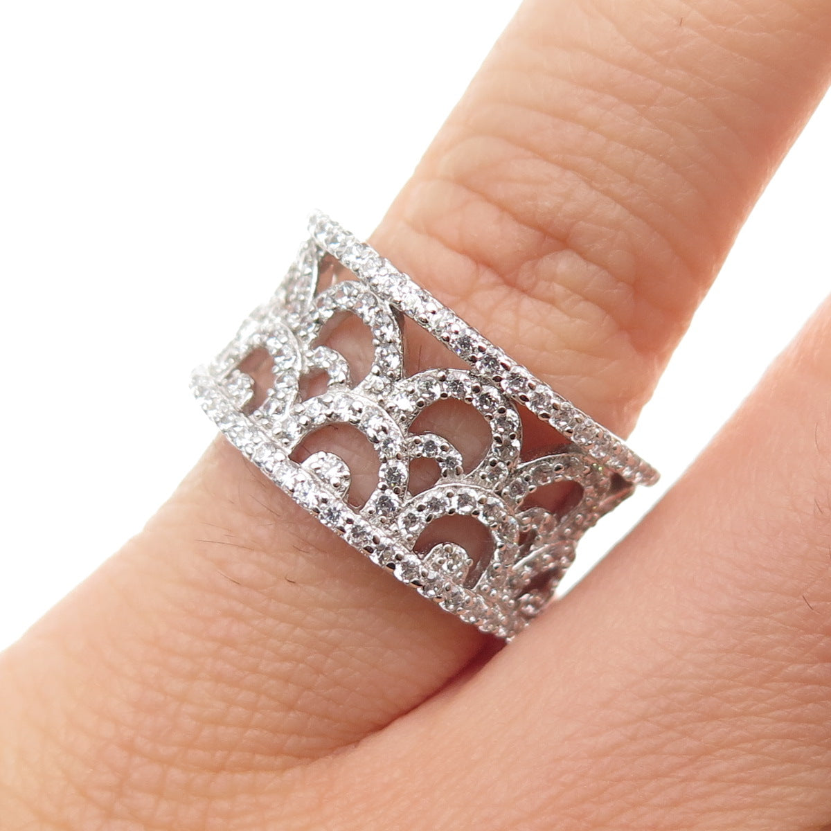 925 Sterling Silver Round-Cut C Z Ornate Band Ring Size 6.25