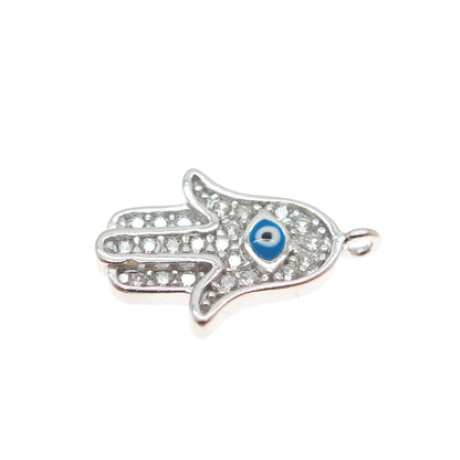 925 Sterling Silver Enamel Round-Cut C Z Hamsa Amulet Minimalist Charm Pendant