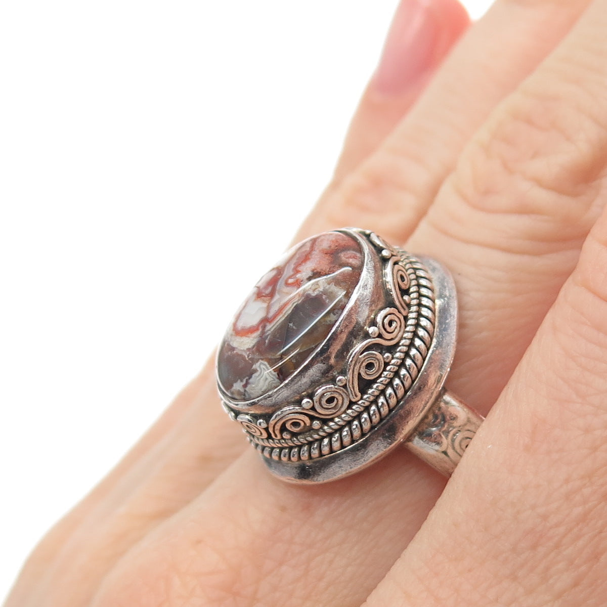 JG JACK GUTSCHNEIDER 925 Sterling Silver Vintage Agate Modernist Ring Size 8.25