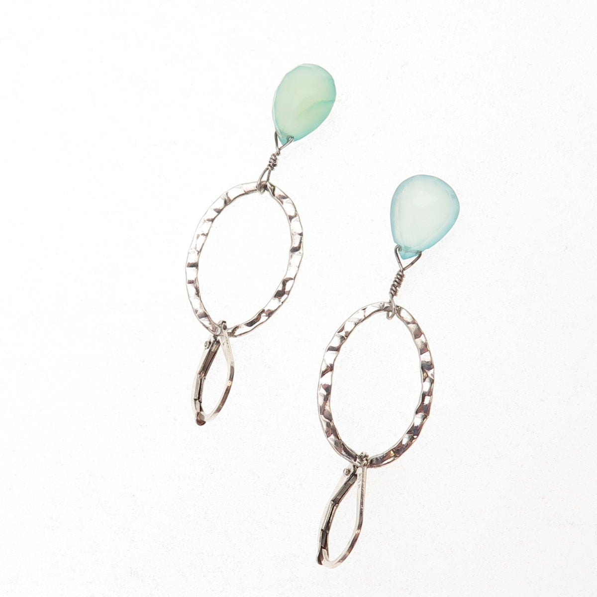 925 Sterling Silver Real Aquamarine Hammered Oval Dangle Earrings