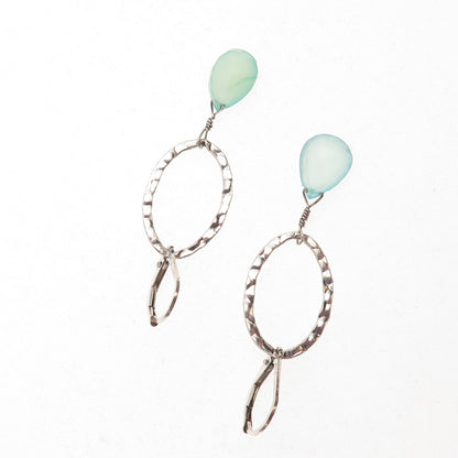 925 Sterling Silver Real Aquamarine Hammered Oval Dangle Earrings
