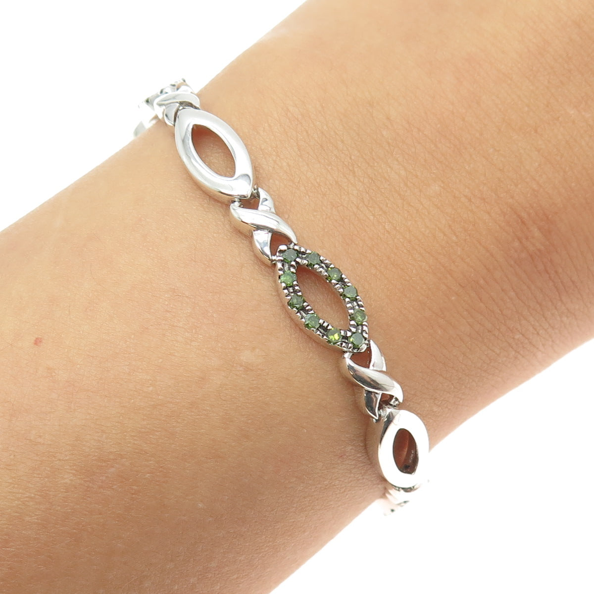 925 Sterling Silver Real Round-Cut Green Diamond Hugs & Kisses Link Bracelet 7"