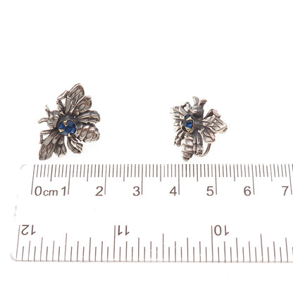 925 Sterling Silver Antique Art Deco Rhinestone Bee Oxidized Screw Back Earrings
