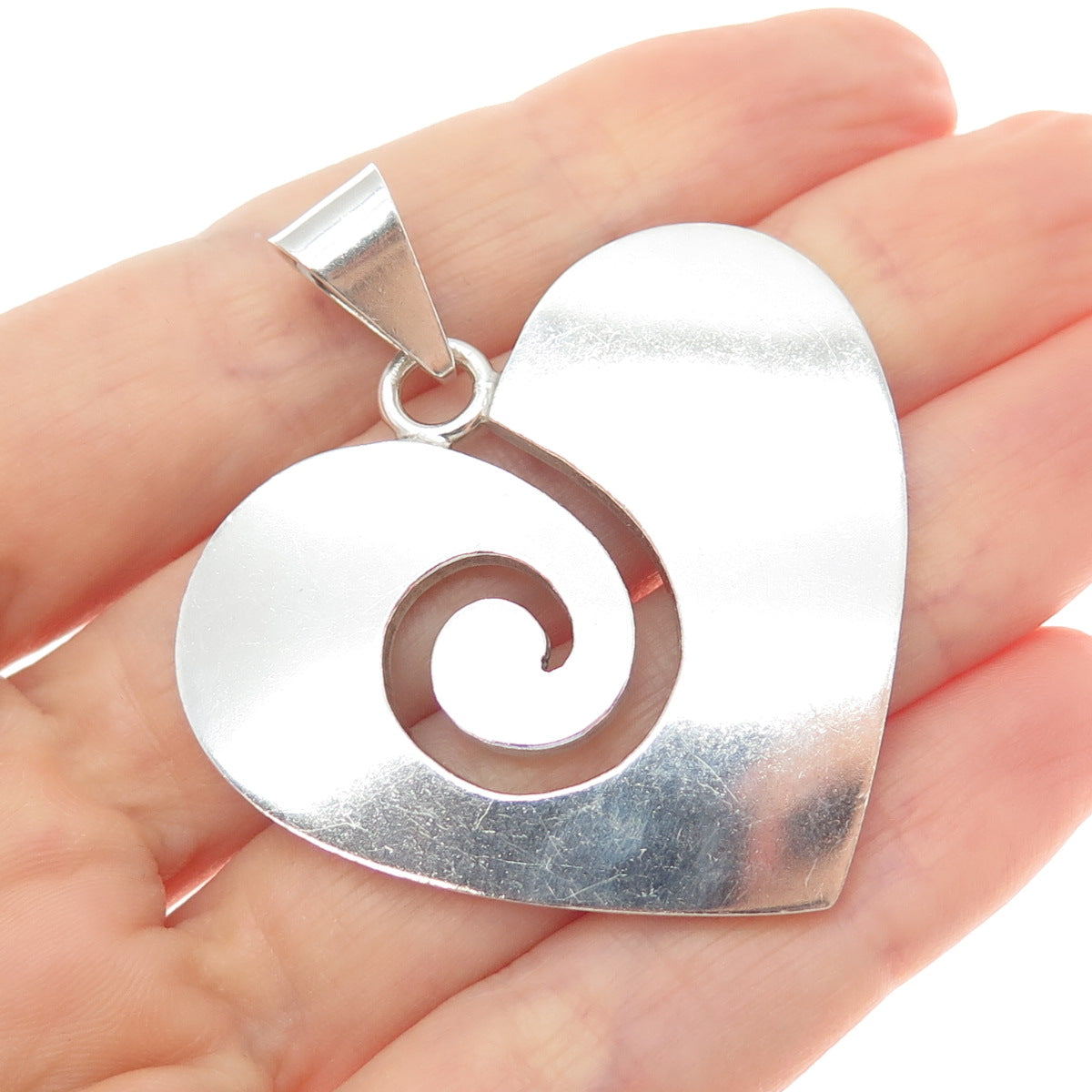 925 Sterling Silver Vintage Mexico Modernist Spiral Heart Charm Pendant