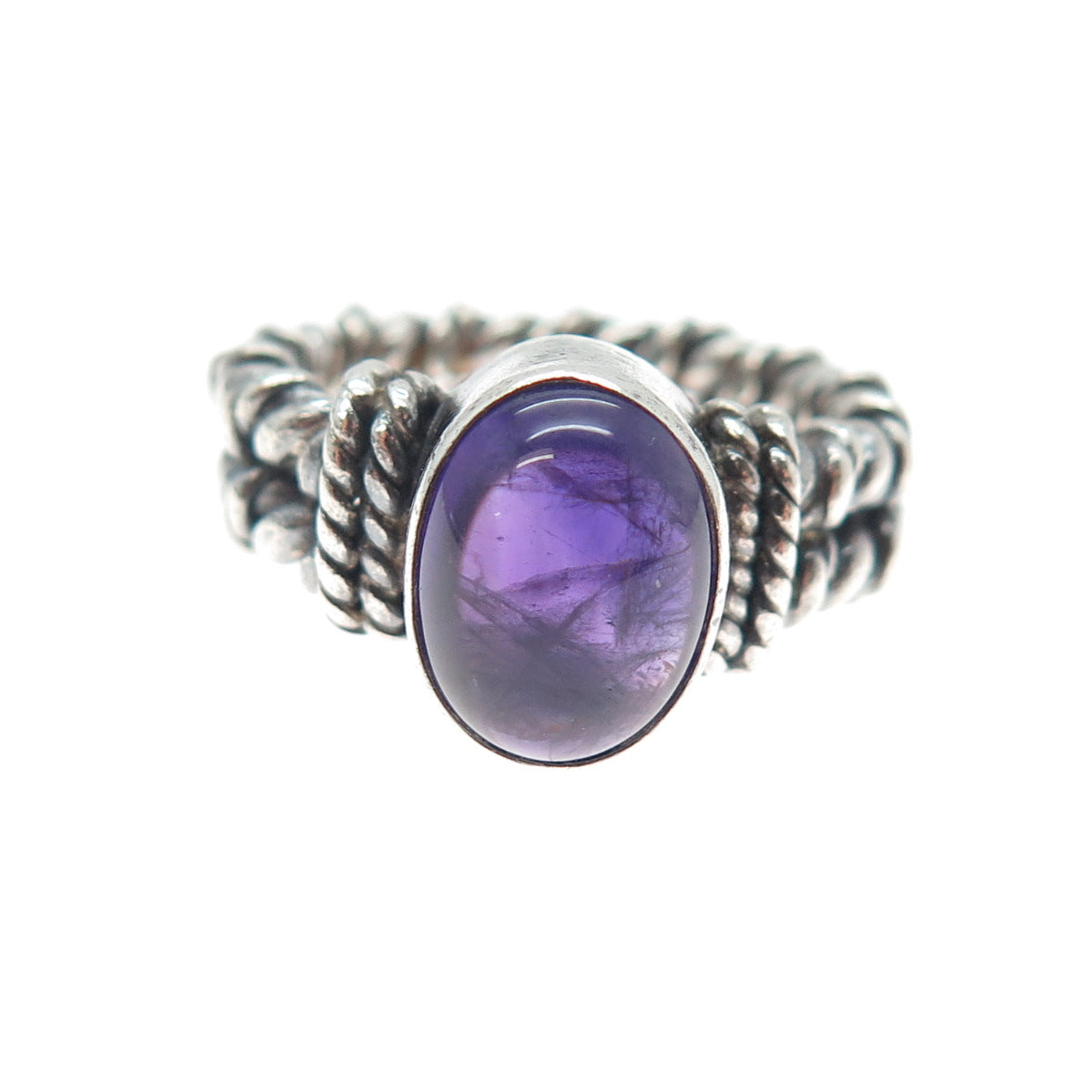 925 Sterling Silver Vintage Real Cabochon Amethyst Oxidized Ring Size 6.5