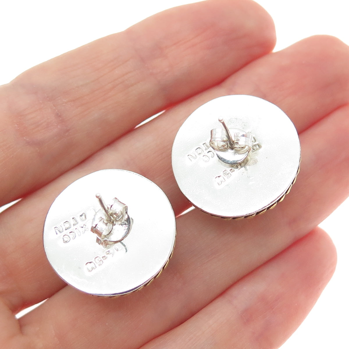 LATON 925 Sterling Silver 2-Tone Vintage Mexico Modernist Roped Dome Earrings