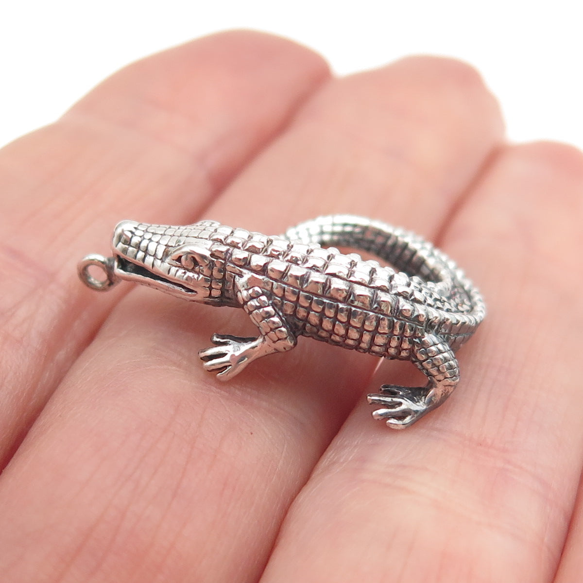 925 Sterling Silver Vintage Crocodile Oxidized 3D Charm Pendant