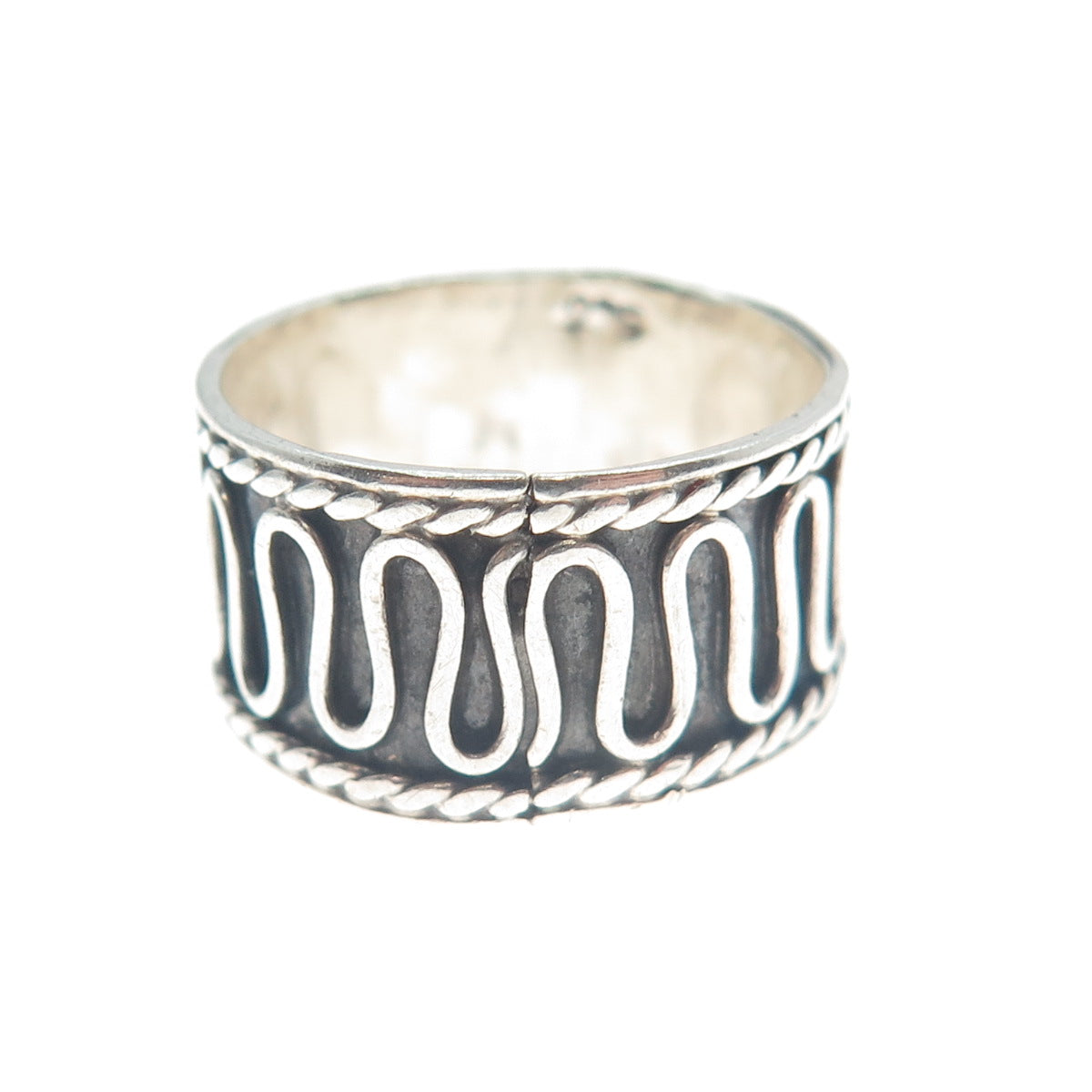 925 Sterling Silver Vintage Modernist Wavy Zig Zag Oxidized Ring Size 7