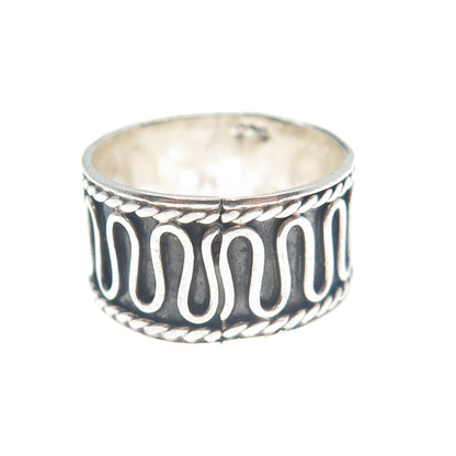 925 Sterling Silver Vintage Modernist Wavy Zig Zag Oxidized Ring Size 7