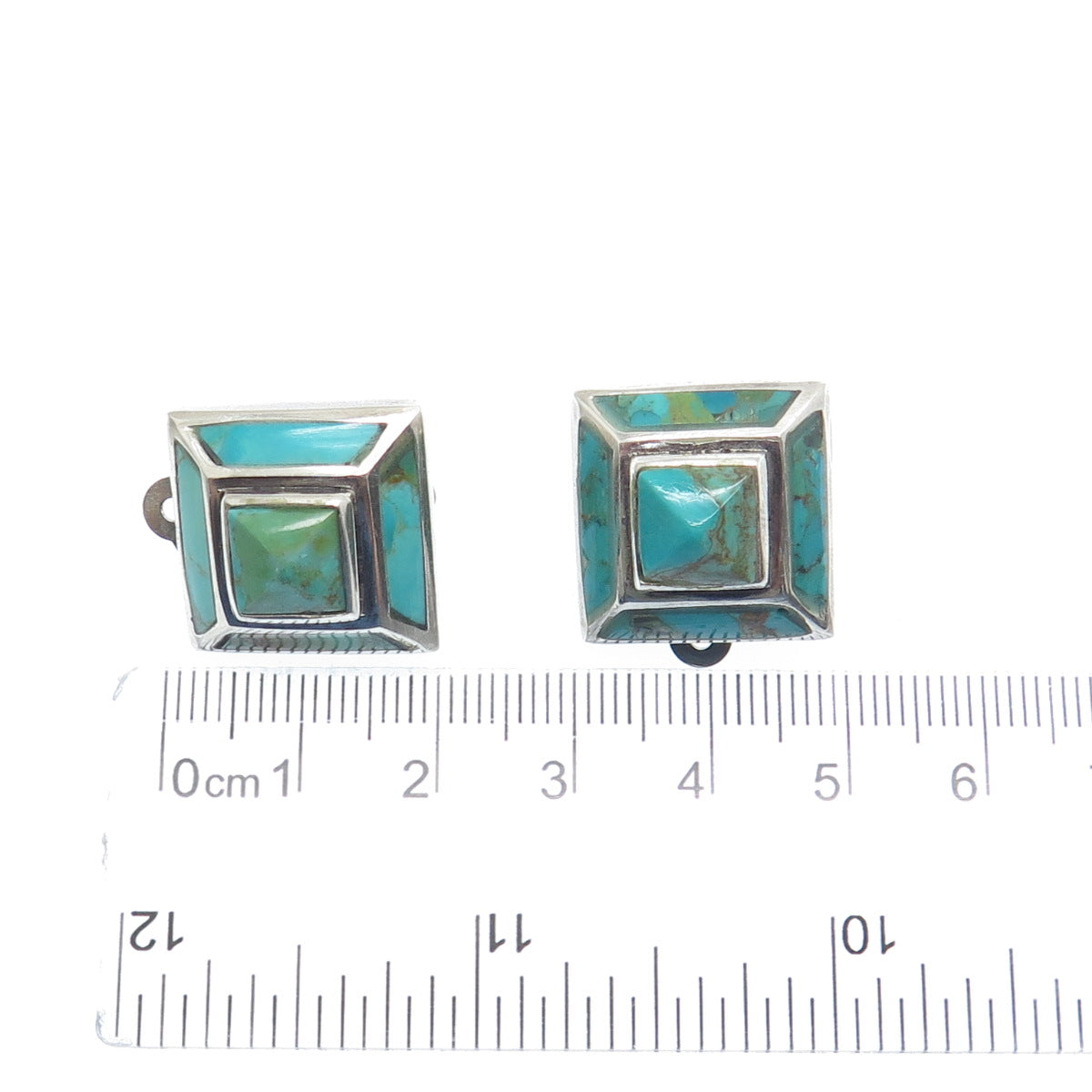 925 Sterling Silver Vintage Lone Mountain Turquoise Pyramid Clip On Earrings