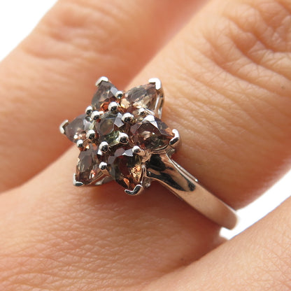 925 Sterling Silver Real Round & Pear-Cut Phantom Quartz Flower Ring Size 6.25