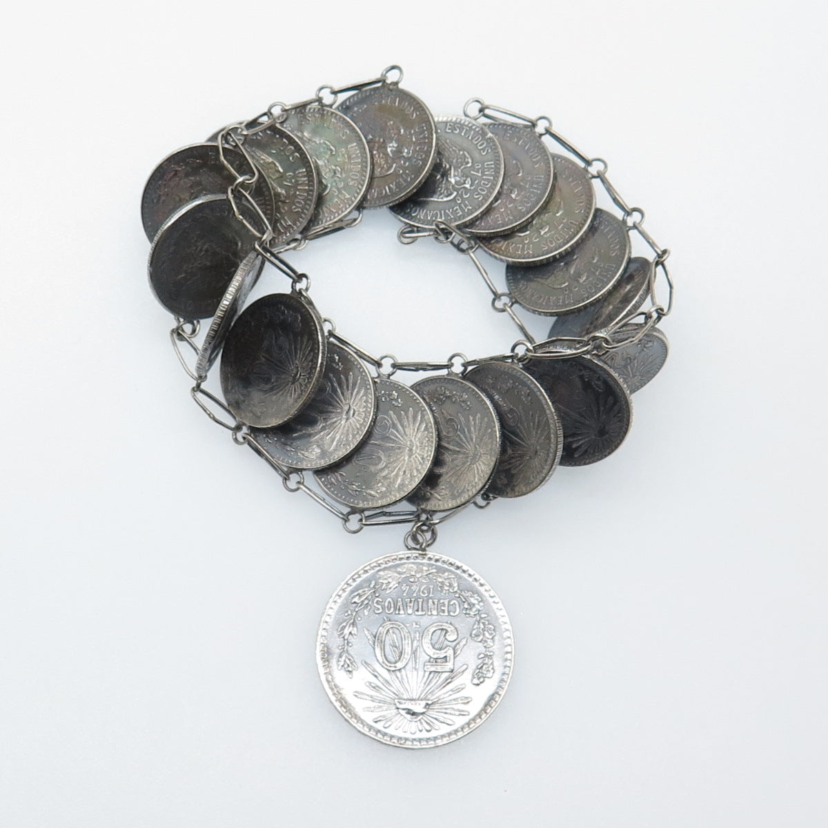 720 Silver Antique 1940s Mexico 20 & 50 Centavos Coin Link Bracelet 7"
