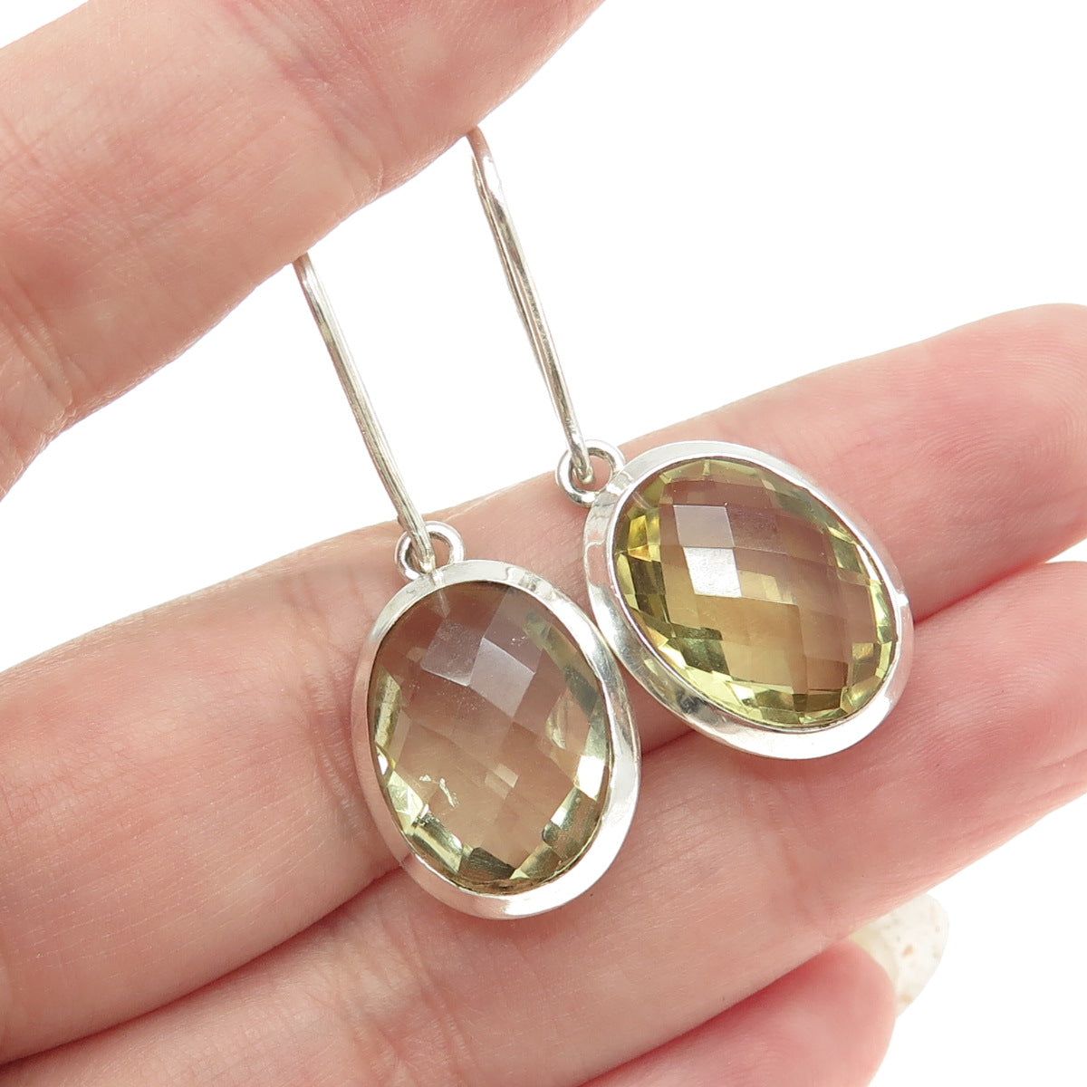 925 Sterling Silver Vintage Real Oval-Cut Citrine Dangling Earrings