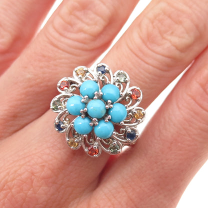 Chuck Clemency 925 Sterling Real Turquoise & Multi-Color Sapphire Ring Size 6.25