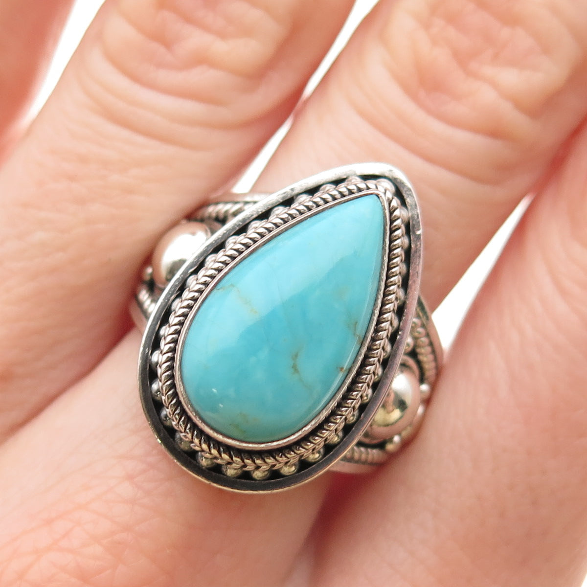 925 Sterling Silver Vintage Real Lone Mountain Turquoise Beaded Ring Size 8.75