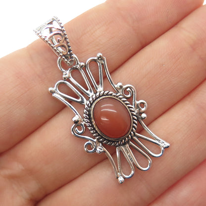 925 Sterling Silver Vintage Real Agate Ornate Oxidized Charm Pendant