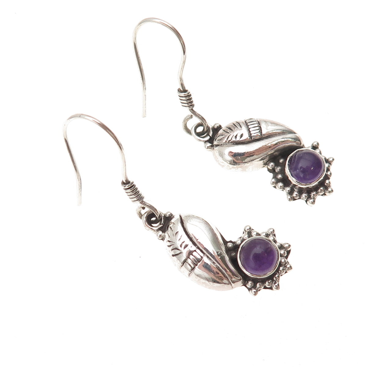 925 Sterling Silver Vintage Real Amethyst Modernist Floral Dangle Earrings