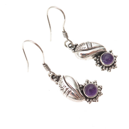 925 Sterling Silver Vintage Real Amethyst Modernist Floral Dangle Earrings