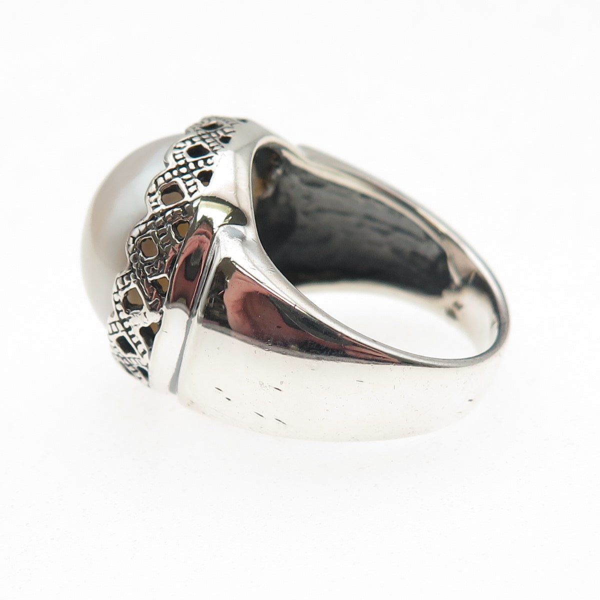 925 Sterling Silver Vintage WW Hong Kong Real Pearl Crown Oxidized Ring Size 8