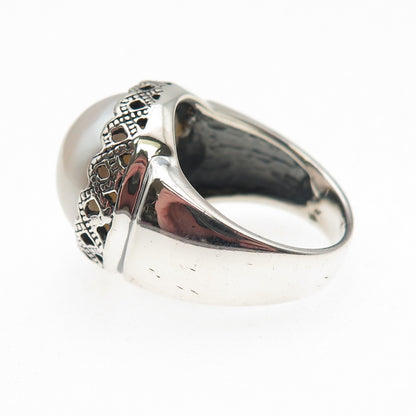 925 Sterling Silver Vintage WW Hong Kong Real Pearl Crown Oxidized Ring Size 8