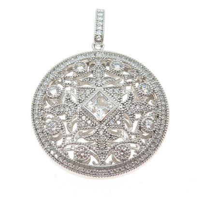 925 Sterling Silver Pave C Z Fleur-de-Lis Round Pendant