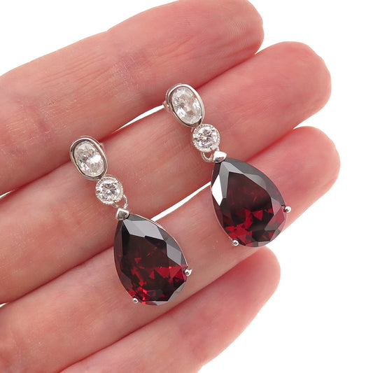 925 Sterling Silver Vintage Real Red Garnet & C Z Teardrop Dangle Earrings