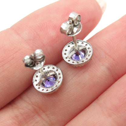 925 Sterling Silver Round-Cut Purple & White C Z Stud Earrings
