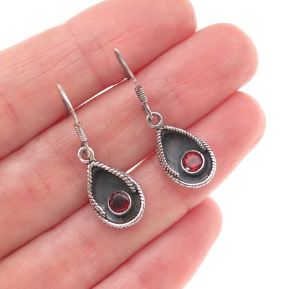 925 Sterling Silver Vintage Real Red Garnet Modernist Teardrop Dangle Earrings