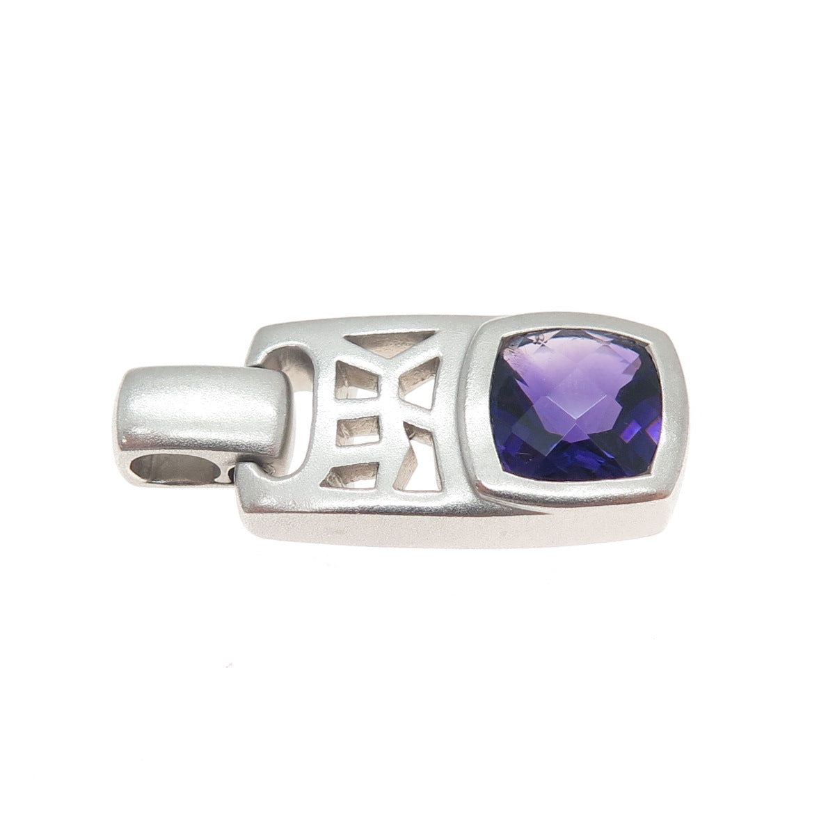 925 Sterling Silver Real Amethyst Modernist Slide Charm Pendant