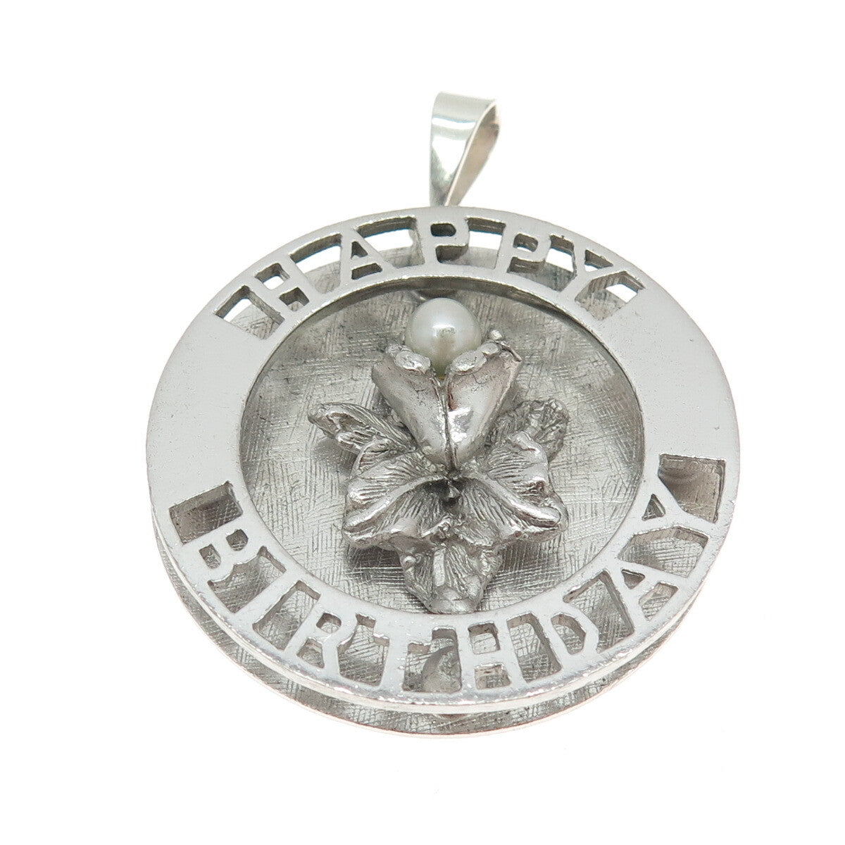 925 Sterling Silver Vintage Real Pearl "Happy Birthday" Floral Pendant