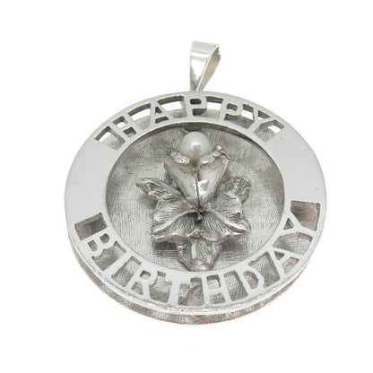 925 Sterling Silver Vintage Real Pearl "Happy Birthday" Floral Pendant