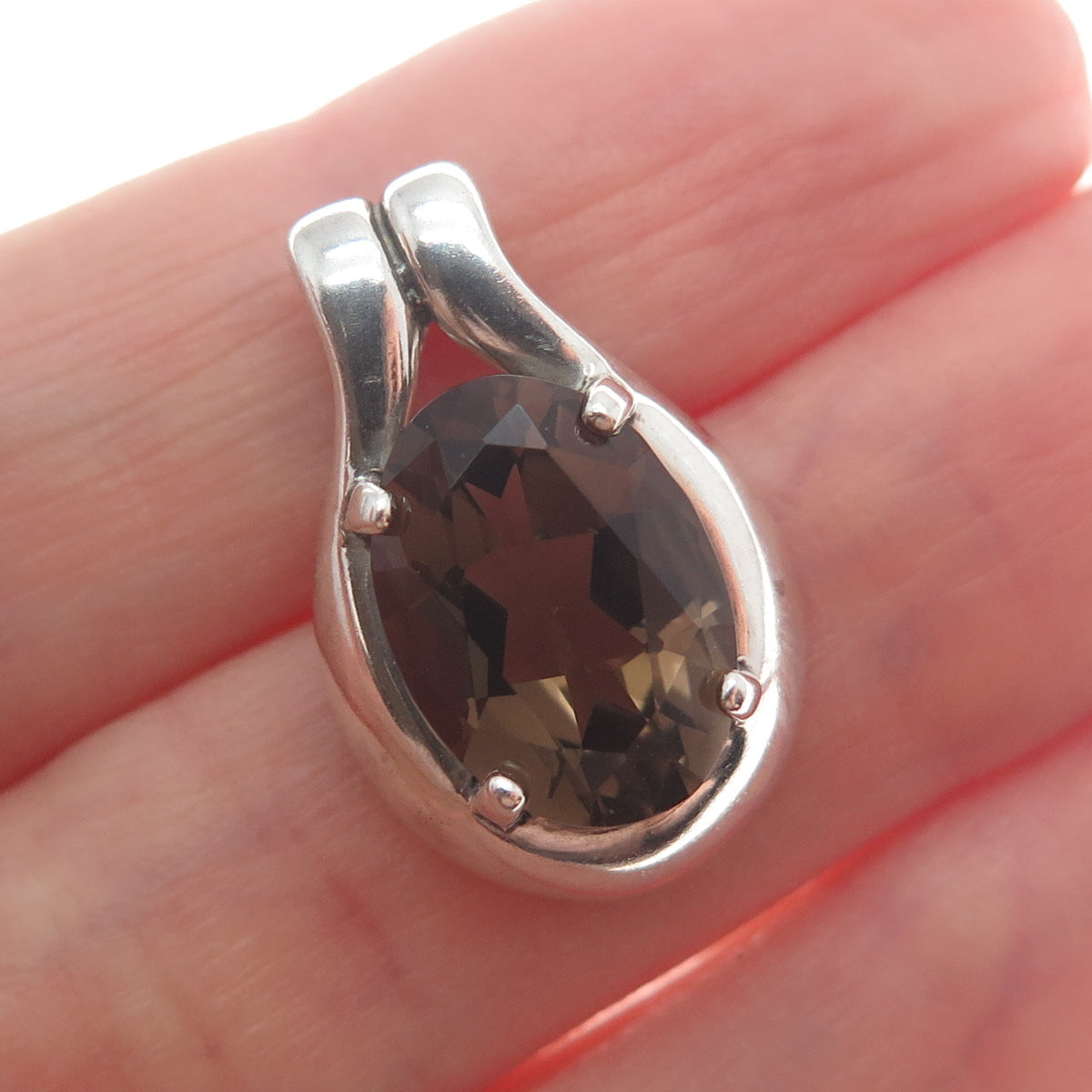 KABANA 925 Sterling Silver Vintage Real Oval-Cut Smoky Quartz Minimalist Pendant