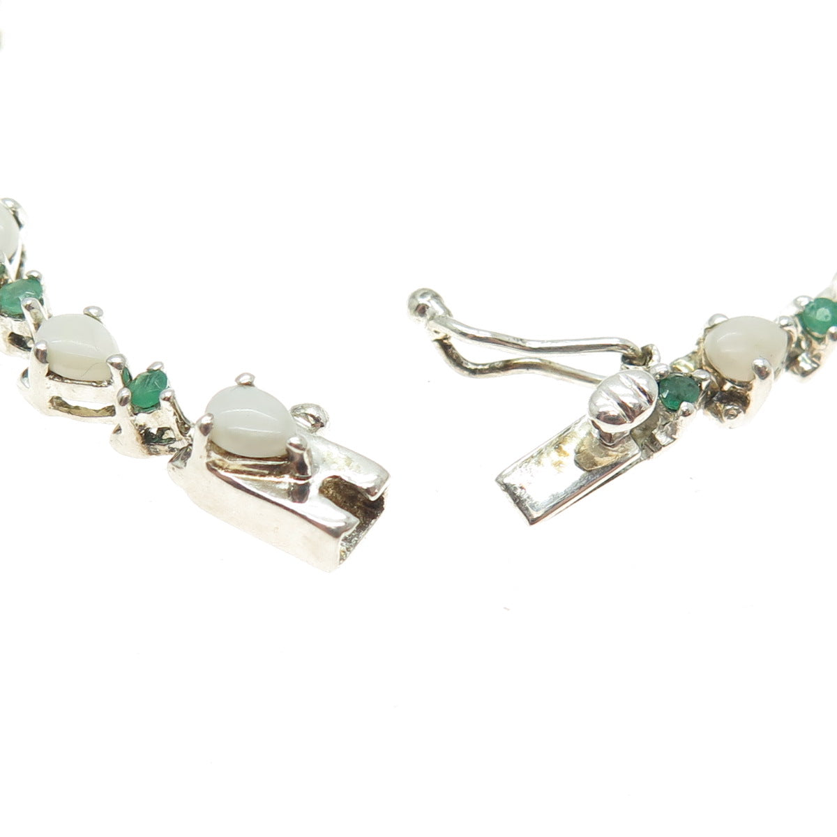 925 Sterling Silver Real Round-Cut Emerald & Pear-Cut Opal Bracelet 7"