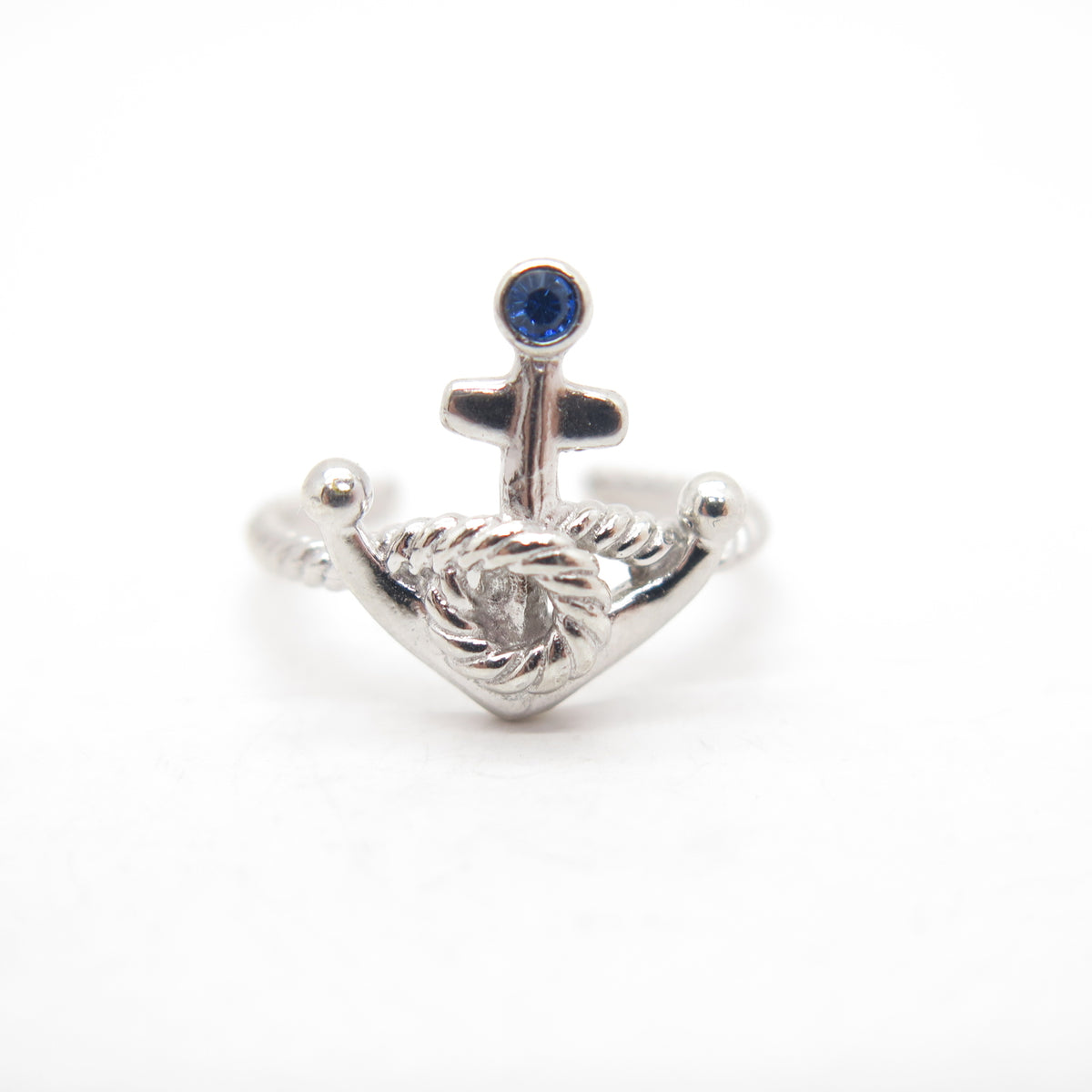 925 Sterling Silver Blue C Z Anchor Adjustable Ring Size 4.75