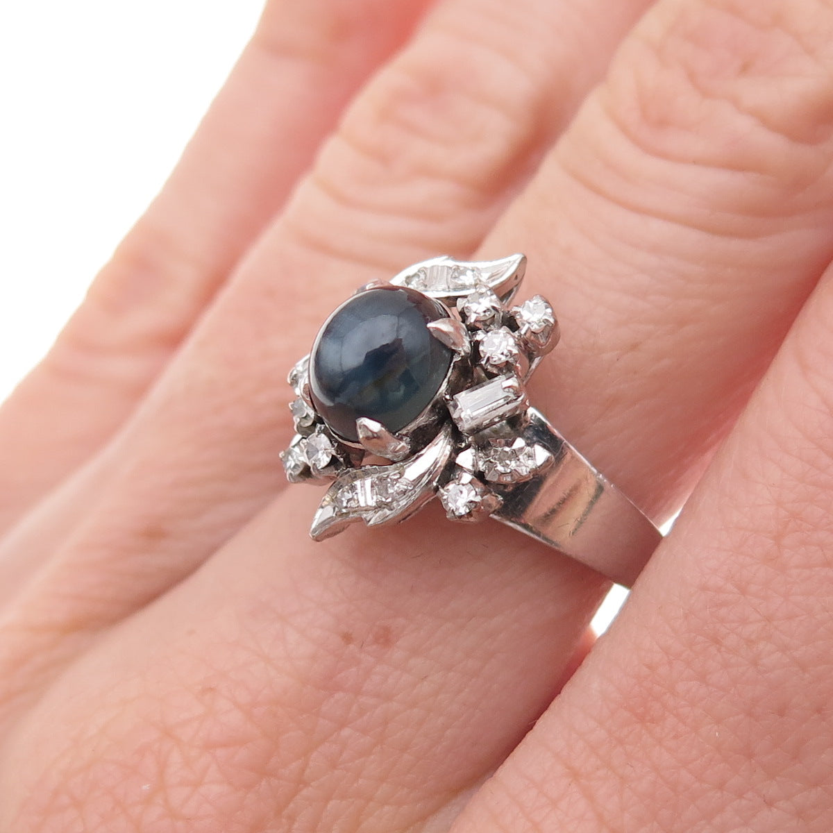 925 Sterling Silver Antique Art Deco Real Diamond & Sapphire Ring Size 6.75