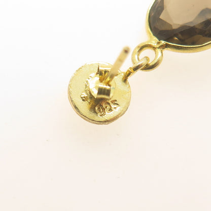 925 Sterling Silver Gold Plated Vintage Smoky Quartz Modernist Dangle Earrings