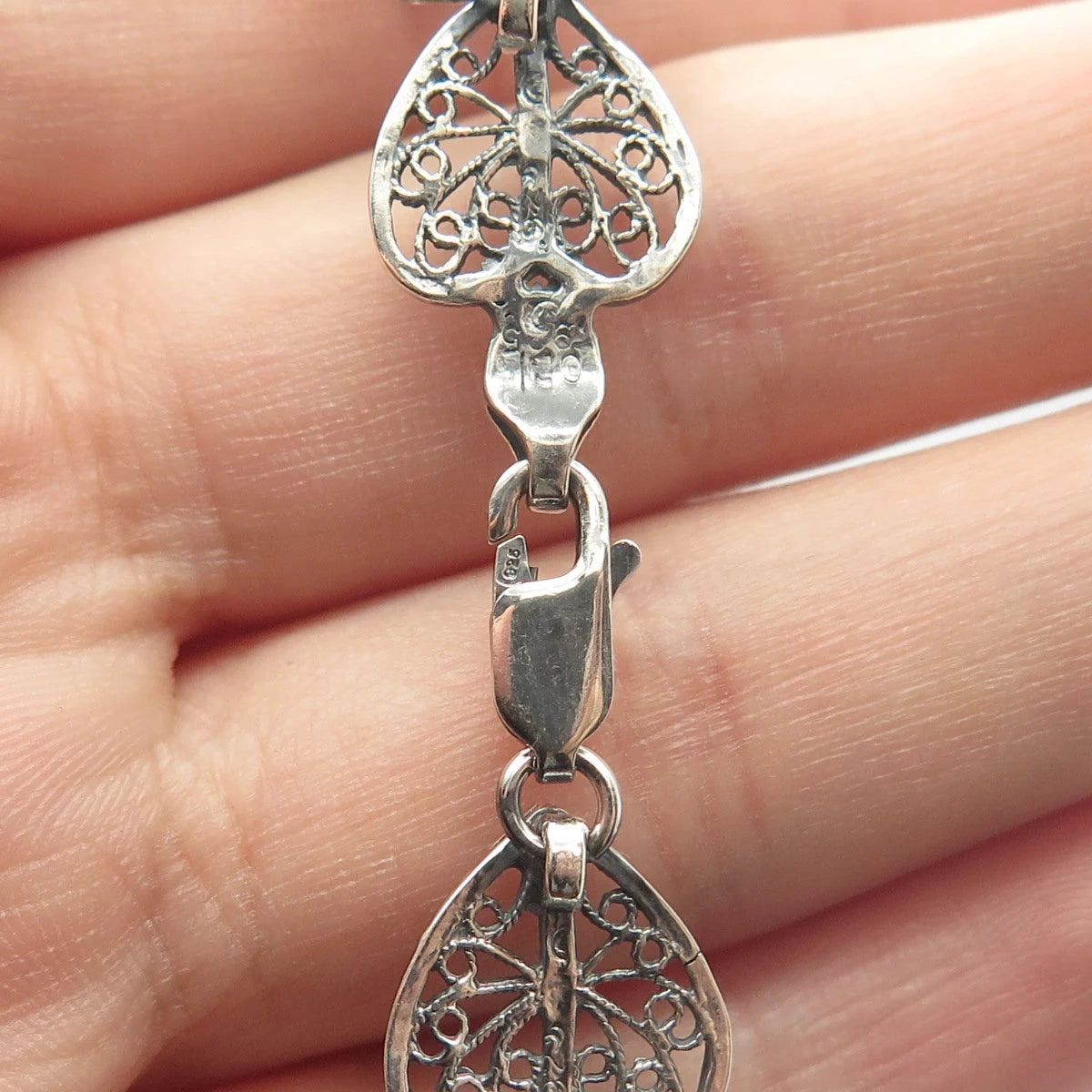 925 Sterling Silver Vintage Ornate Heart Link Bracelet 7.5"