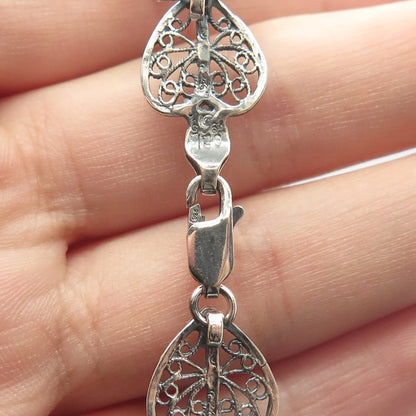 925 Sterling Silver Vintage Ornate Heart Link Bracelet 7.5"