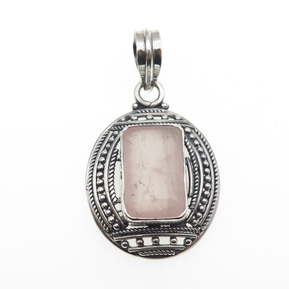 925 Sterling Silver Vintage Real Emerald-Cut Rose Quartz Oxidized Beaded Pendant