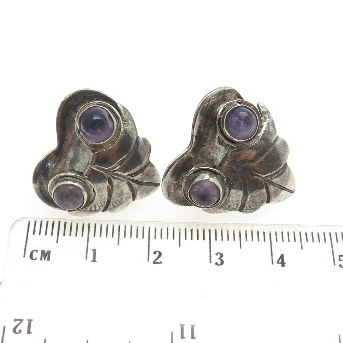 925 Sterling Silver Antique Mexico Real Amethyst Gem Heart Screw Back Earrings