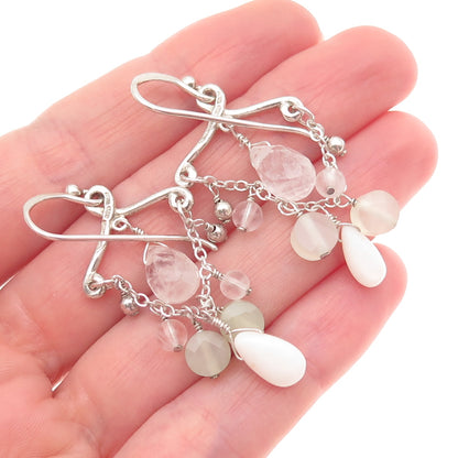 BARSE 925 Sterling Silver Vintage Real MOP Jade & Rose Quartz Dangle Earrings