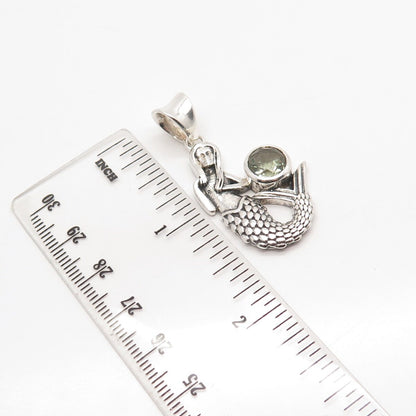 925 Sterling Silver Vintage Real Prasiolite Gemstone Mythical Mermaid Pendant