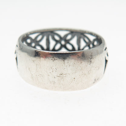 925 Sterling Silver Vintage Modernist Flower Oxidized Band Ring Size 8.25