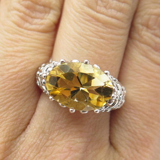 ADI 925 Sterling Silver Vintage Oval-Cut Citrine Gem Ornate Swirl Ring Size 7