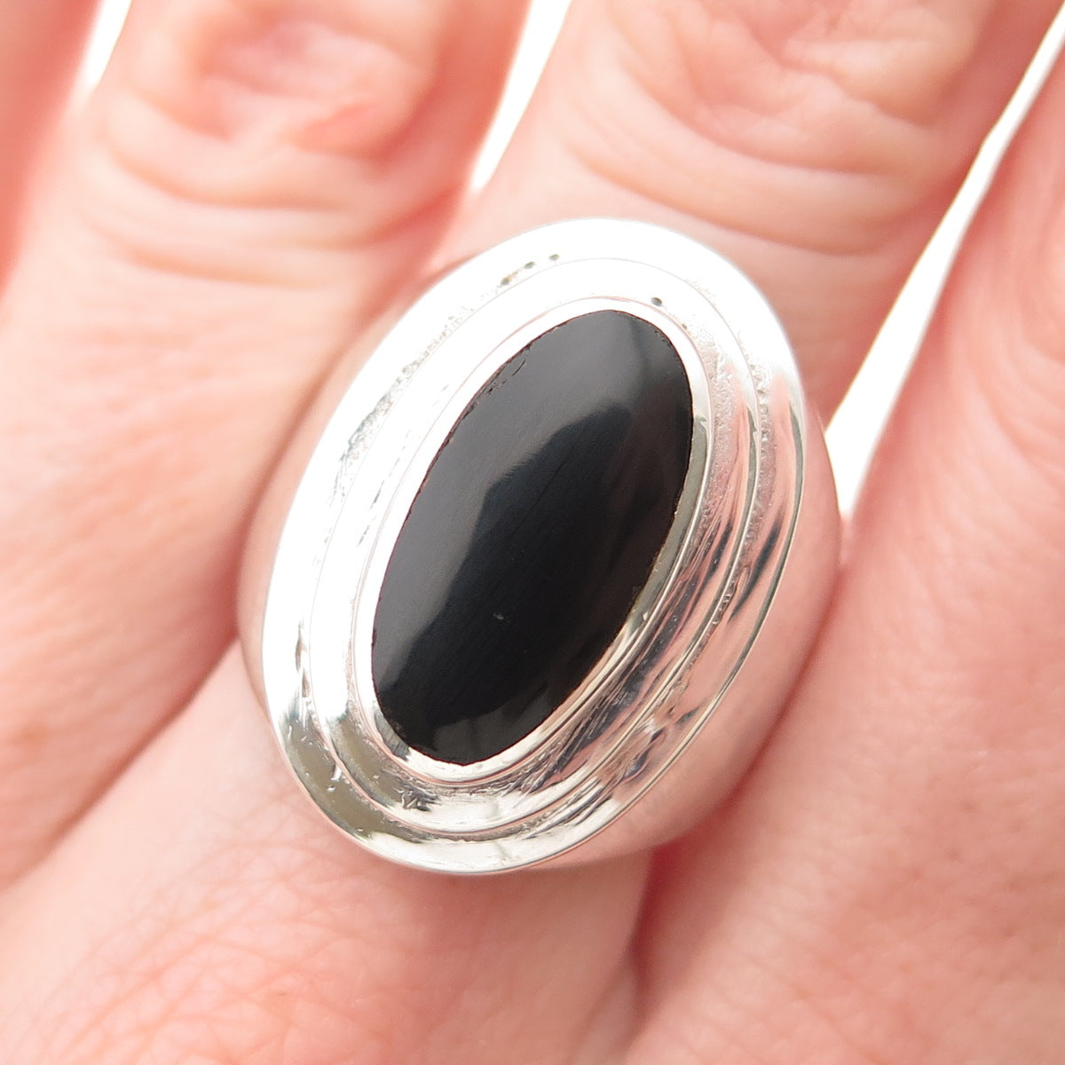 925 Sterling Silver Vintage Real Black Onyx Modernist Ring Size 10.5