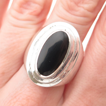 925 Sterling Silver Vintage Real Black Onyx Modernist Ring Size 10.5
