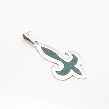 925 Sterling Silver Vintage Mexico Real Turquoise Gem Inlay Fleur-de-Lis Pendant