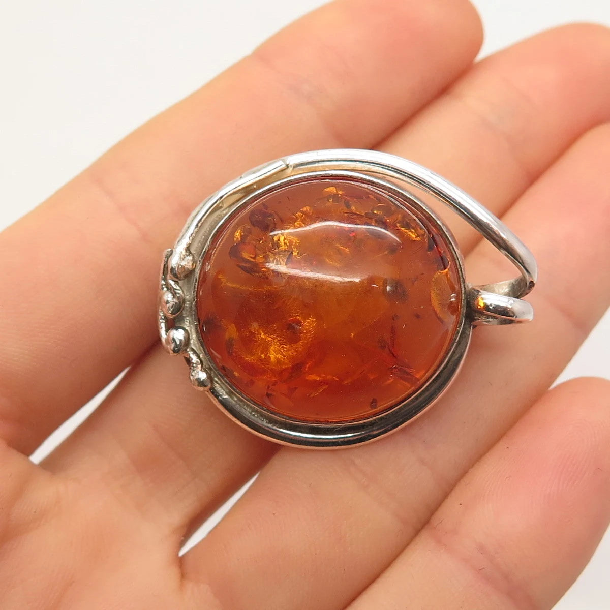 925 Sterling Silver Vintage Real Amber Pin Brooch