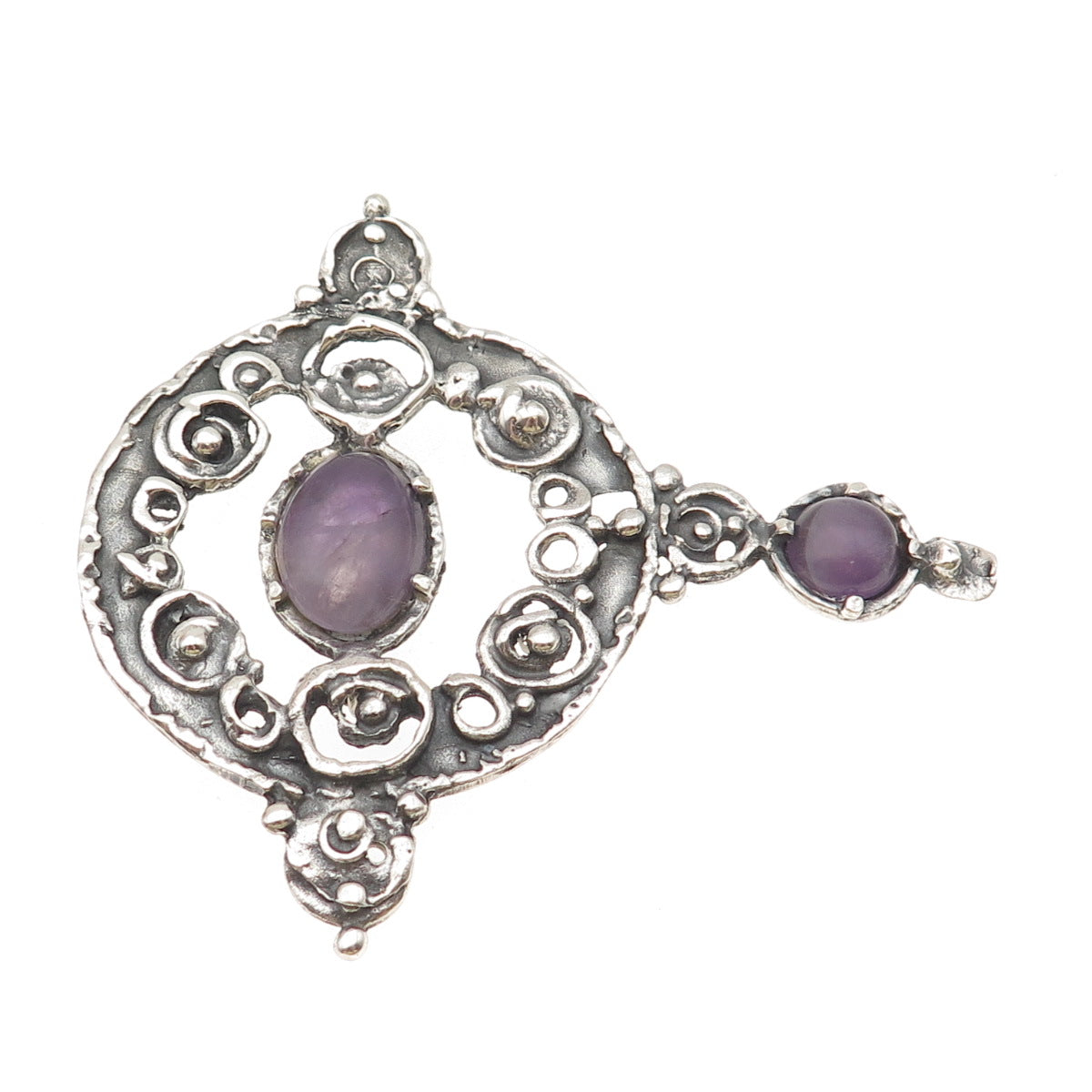 925 Sterling Silver Vintage Israel Real Amethyst Modernist Pin Brooch / Pendant