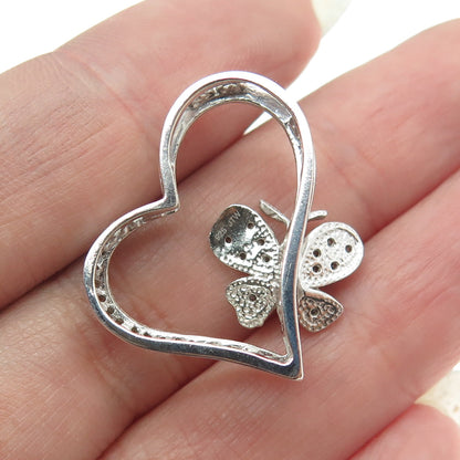 925 Sterling Silver Real Round-Cut Diamond Butterfly Heart Slide Pendant